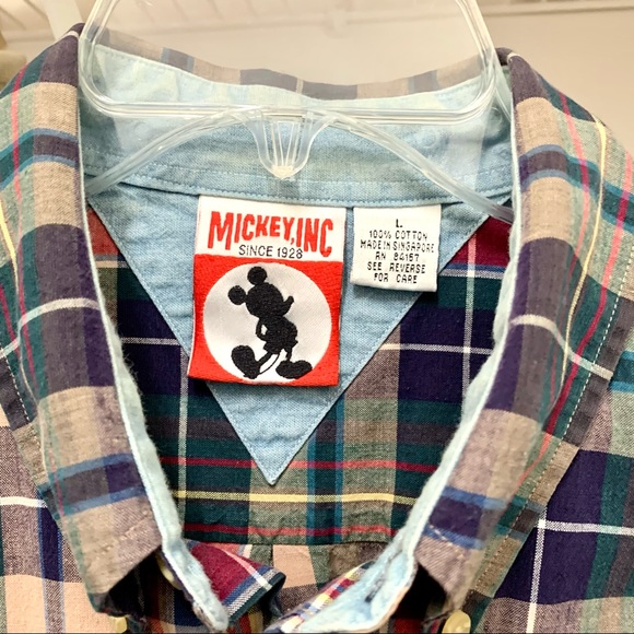 Vintage 90s Shirt Mens Mickey Disney Plaid Blue Red Madras Button Up L - Picture 6 of 6